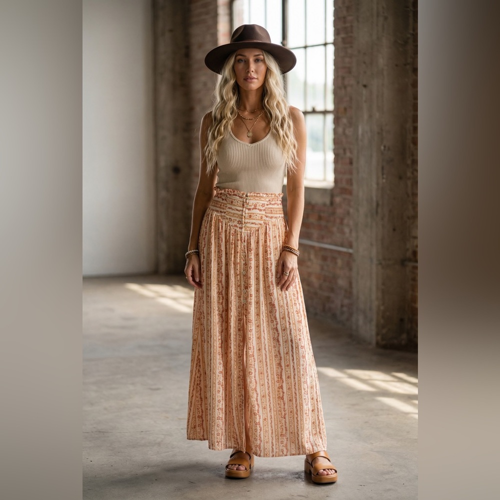 NWT Promesa Boho Floral Print Button Slit Maxi Skirt - Picture 7 of 7